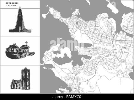 Plan de la ville de Reykjavik avec icônes de l'architecture dessinée à la main. Tous les drawigns, la carte et l'arrière-plan séparés pour faciliter le changement de couleur. Le repositionner facilement dans le Vector Illustration de Vecteur