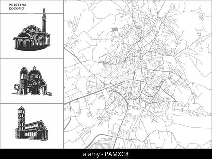 Plan de la ville de Pristina avec icônes de l'architecture dessinée à la main. Tous les drawigns, la carte et l'arrière-plan séparés pour faciliter le changement de couleur. Le repositionner facilement en vecteur v Illustration de Vecteur