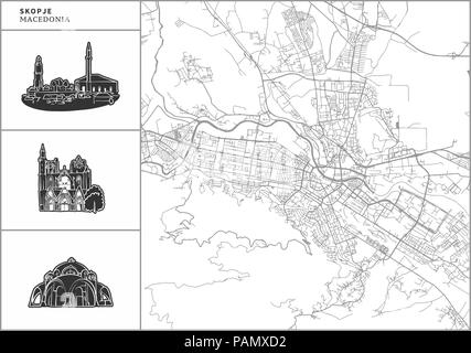 Plan de la ville de Skopje avec icônes de l'architecture dessinée à la main. Tous les drawigns, la carte et l'arrière-plan séparés pour faciliter le changement de couleur. Le repositionner facilement dans le vector ver Illustration de Vecteur