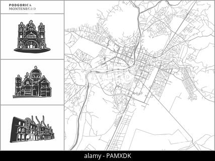 Plan de la ville de Podgorica avec icônes de l'architecture dessinée à la main. Tous les drawigns, la carte et l'arrière-plan séparés pour faciliter le changement de couleur. Le repositionner facilement dans le Vector Illustration de Vecteur
