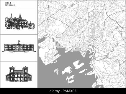 Plan de la ville d'Oslo avec les icônes de l'architecture dessinée à la main. Tous les drawigns, la carte et l'arrière-plan séparés pour faciliter le changement de couleur. Le repositionner facilement dans le vector versión Illustration de Vecteur