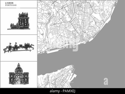 Plan de la ville de Lisbonne avec des icônes de l'architecture dessinée à la main. Tous les drawigns, la carte et l'arrière-plan séparés pour faciliter le changement de couleur. Le repositionner facilement dans le vector ver Illustration de Vecteur