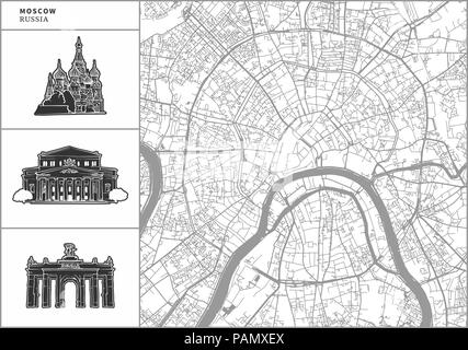 Plan de la ville de Moscou avec des icônes de l'architecture dessinée à la main. Tous les drawigns, la carte et l'arrière-plan séparés pour faciliter le changement de couleur. Le repositionner facilement dans le vector ver Illustration de Vecteur