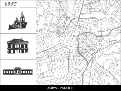 Plan de la ville de Ljubljana avec icônes de l'architecture dessinée à la main. Tous les drawigns, la carte et l'arrière-plan séparés pour faciliter le changement de couleur. Le repositionner facilement dans le Vector Illustration de Vecteur