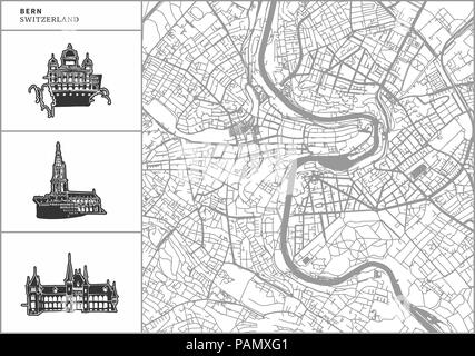 Plan de la ville de Berne avec les icônes de l'architecture dessinée à la main. Tous les drawigns, la carte et l'arrière-plan séparés pour faciliter le changement de couleur. Le repositionner facilement dans le vector versión Illustration de Vecteur