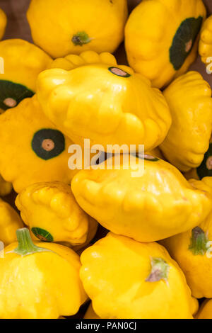 Marron jaune. Citrouilles coloré. Patissons lumineux sur le marché. Patissons jaunes. backgrount photo verticale. Banque D'Images