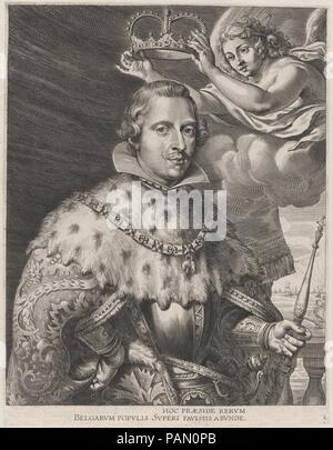 Planche 2 : Portrait de Philippe IV, roi d'Espagne, d'être couronnés ; de Guillielmus Becanus (erenissimi "Principis Ferdinandi, Hispaniarum Infantis...'. Fiche Technique Dimensions : (découpés) : 15 × 11 3/16 11/16 in. (38,5 × 29,7 cm). Publié dans : Anvers. Editeur : Johannes Meursius (flamande, active 1620-47). Date : 1636. Le 28 janvier 1635, la ville de Gand a célébré l'Entrée du Cardinal-Infant Ferdinand d'Espagne, l'a récemment nommé gouverneur de la sud des Pays-Bas. Un groupe d'artistes flamands furent chargés de créer des peintures pour la décoration de deux arcs de triomphe érigé dans la ville Banque D'Images