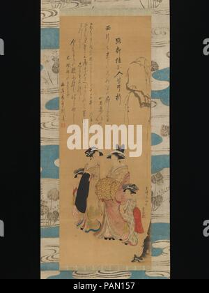 Courtisane et ses accompagnateurs sous un saule. Artiste : Uncho (Japonais, actif fin du 18e siècle) ; inscrit par Masanobu Kitao (Santo Kyoden) (japonais, 1761-1816), inscrit par Kyokutei Bakin (1767-1848). Culture : le Japon. Dimensions : 36 1/2 x 13 3/8 in. (92,7 x 34 cm) avec fixation : 72 13/16 × 18 7/8 in. (185 × 48 cm) dans l'ensemble avec les boutons : 72 13/16 × 20 5/8 po. (185 × 52,4 cm). Date : 1796. Une courtisane de haut rang (oiran), accompagnée de son apprenti d'adolescent (shinzo) et deux accompagnateurs de l'enfant (kamuro) Promenade, sous un saule pleureur au printemps. Bien que l'identité de l'art Banque D'Images