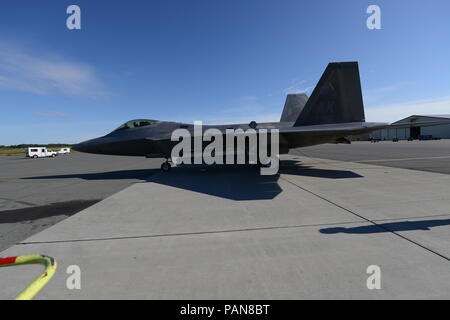 U.S. Air Force Le Colonel Christopher J. Niemi, 3e Escadre, taxis avant de retirer de son vol "fini" dans un F-22 Raptor, Juillet 19, 2018 at Joint Base Elmendorf-Richardson, en Alaska. Air Force Le général Kenneth S. Wilsbach, commandant de la défense aérospatiale de l'Amérique du Nord de l'Alaska Région de commande, commande de l'Alaska, le U.S. Northern Command, et onzième Air Force, a volé comme l'ailier Niemi. (U.S. Air Force photo par Jamal Wilson) Banque D'Images