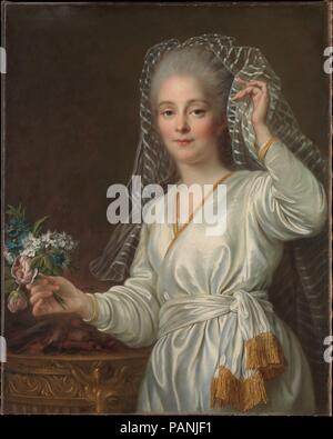 Portrait d'une jeune femme comme un Vestal Virgin. Artiste : François Hubert Drouais (français, Paris 1727-1775 Paris). Dimensions : 31 1/2 x 25 1/8 in. (80 × 63,8 cm). Date : 1767. Il n'était pas rare de dépeindre gardiennes portrait sous l'apparence d'un vestal virgin : de nombreuses jeunes femmes ont montré ainsi quand ils étaient sur le point de se marier. Les Vestales étaient les gardiens romain du foyer et de la chambre choisie pour leur jeunesse et pureté, d'où la présence de ce qui pourrait avoir été une table c'est au contraire un brazier. L'or n'est pas robe de robe contemporaine mais un costume, et la manière dont la jeune femme lève le voile Banque D'Images