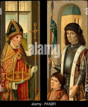 Saint Donatian ; Saint Victor présentant un donateur. Artiste : (Russisch Bruges) Peintre (ca. 1490). Dimensions : (18) 9 1/2 x 3 7/8 in. (24,1 x 9,8 cm) ; (19) 9 1/2 x 4 in. (24,1 x 10,2 cm). Musée : Metropolitan Museum of Art, New York, USA. Banque D'Images