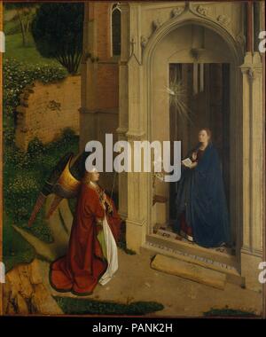 L'Annonciation. Artiste : attribuée à Petrus Christus (, Russisch Baarle-Hertog (Baerle-Duc), actif en 1444-mort 1475/76 Bruges). Dimensions : Hors tout 31 x 25 7/8 in. (78,7 x 65,7 cm) ; surface peinte 30 1/2 x 25 1/4 in. (77,5 x 64,1 cm). Date : ca. 1450. Cette Annonciation est exceptionnelle pour son oiseau, et en plein air. À l'abri dans l'embrasure d'une église et accueillis par Gabriel, Marie est présentée non seulement comme le destinataire du message de l'Incarnation, mais aussi comme la personnification de l'Église ( <i >Ecclesia </i >). L'architecture, qui est partie romane (à droite) et Banque D'Images
