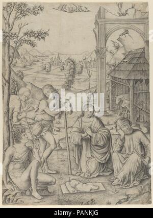 L'Adoration des bergers. Artiste : Marcantonio Raimondi (Italien, Argini ( ?) ca. 1480-avant 1534 Bologna ( ?)). Dimensions : 14 1/4 x 10 9/16 in. (36,2 x 26,8 cm). Date : ca. 1504. Musée : Metropolitan Museum of Art, New York, USA. Banque D'Images