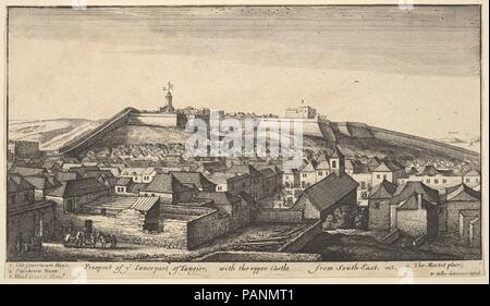 Perspective de la partie intérieure de Tanger. Wenceslaus Hollar : artiste bohème, Prague 1607-1677 (Londres). Fiche Technique : Dimensions : 4 3/4 x 8 3/8 in. (12 × 21,3 cm). Series/portefeuille : différentes vues de Tanger Titre et cinq plaques. Date : ca. 1670. Vue de Tanger, avec tour de Peterborough ; chevaux à l'avant-plan, et diverses personnalités dans le marché ; au loin, la côte de l'Espagne. Musée : Metropolitan Museum of Art, New York, USA. Banque D'Images