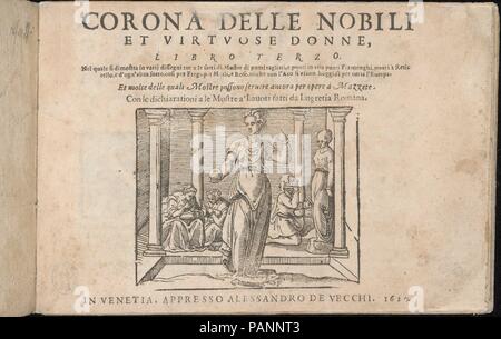 Corona delle Nobile et Virtuose Donne, Libro Terzo, page de titre (recto). Designer : Cesare Vecellio (Italien, Pieve di Cadore Venise Venise , 1521-1601). Dimensions : hors tout : 5 1/2 x 7 2/13 in. (14 x 19,5 cm). Editeur : Alessandro de' Vecchi (Italien, Venise, actif 1570-1629) , Venise. Date : 1620. Conçu par Cesare Vecellio, Italien, Pieve di Cadore 1521-1601 Venise, Venise, publié par Alessandro de' Vecchi, Italien, actif du 17e siècle, Venise. Titre imprimé en noir. Titre ci-dessous est une scène représentant une femme qui se dresse la statue vêtu sur une tortue tout en tenant un objet rond dans sa r Banque D'Images