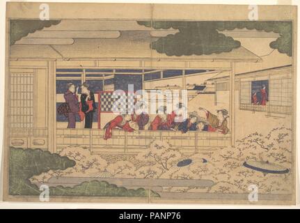 Affichage des cerisiers. Artiste : Kitagawa Utamaro (Japonais, ca. 1754-1806). Culture : le Japon. Dimensions : Image : 8 7/8 in. × 14 po. (22,5 × 35,6 cm). Date : 1790. Parfois, l'observateur est le sujet principal. Dans cette page d'un livre d'Utamaro, une groupe de femmes prend de l'avis d'un balcon dans le quartier de Yoshiwara. Ils foule contre la rambarde, certains se penchant pour appeler les personnes ci-dessous. Les objets de leur attention ne peut pas être vu, mais leur présence est indiquée par les parasols que bob parmi la mer d'arbres en fleurs au premier plan. Cette représentation peut être un humour du jeu o Banque D'Images