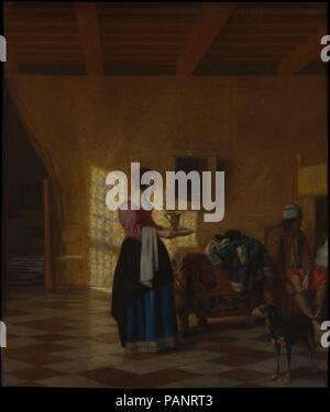 Femme avec une cruche d'eau, et un homme par un lit ('La Servante'). Artiste : Pieter de Hooch (Néerlandais, Rotterdam 1629-1684 Amsterdam). Dimensions : 24 1/4 x 20 1/2 in. (61,5 x 52,1 cm). Date : ca. 1667-70. Cette photo de la fin des années 1660 a été réduit d'environ sept pouces avant 1841, l'élimination d'une femme dans le lit sur la droite (décrit dans un catalogue de vente de 1785). Deux pouces ont été ajoutés à la partie supérieure de la toile, et l'homme assis, apparemment, la femme, l'amant a été peint une en même temps. Musée : Metropolitan Museum of Art, New York, USA. Banque D'Images