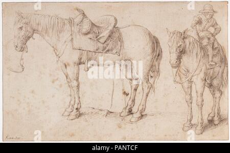 Deux études d'un cheval sellé et d'un cheval avec un garçon à cheval sur ; Verso : étude d'un bean plant. Artiste : Jacques de Gheyn II (Anvers, Russisch 1565-1629 La Haye). Fiche Technique : Dimensions : 15/16 x 6 5/16 in 11. (17,7 x 28,7 cm). Date : ca. 1602. Parmi les meilleurs graveurs néerlandais actif dans le cercle de Hendrick Goltzius, Jacob de Gheyn II est également reconnu comme l'un des plus grands dessinateurs hollandais de son temps. Cette feuille d'étude recto-verso, ce qui n'a récemment refait surface, illustre bien l'attention de l'artiste sensible et l'observation de la nature, ainsi que sa technique de dessin virtuose, qui a été super Banque D'Images