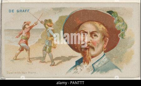 De Graaf, Duel avec Van Horn, des pirates de la série principale (N19) pour Allen & Ginter Cigarettes. Fiche Technique : Dimensions : 1 1/2 x 2 3/4 in. (3,8 x 7 cm). Lithographe : George S. Harris & Sons (Américain, Philadelphie). Editeur : Allen & Ginter (Américain, Richmond, Virginie). Date : ca. 1888. Les cartes commerciales de l 'Pirates de l'espagnol" (N19), émis ca. En 1888 un jeu de 50 cartes pour promouvoir Allen & Ginter cigarettes d'une marque. Musée : Metropolitan Museum of Art, New York, USA. Banque D'Images