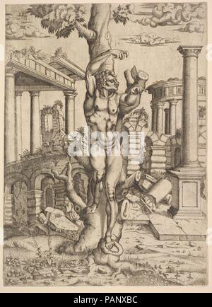 L'homme attaché à un arbre. Artiste : Après Michelangelo Buonarroti (Italien, Caprese 1475-1564 Rome) ; Master I 0 V (active ca. 1542-45). Fiche technique : Dimensions : 12 3/4 x 8 1/16 in. (30,6 x 22,3 cm). Date : 1543-44. Musée : Metropolitan Museum of Art, New York, USA. Banque D'Images