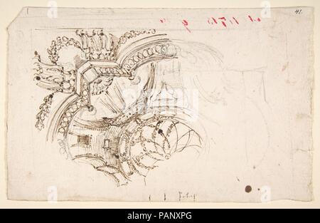 Étude pour la décoration d'une chambre forte (recto) ; peu d'esquisses de motifs décoratifs (verso). Artiste : Mauro Antonio Tesi (Italien, Montalbano 1730-1766 Bologne). Fiche technique : Dimensions : 7 x 12 9/16 in. (19,2 x 30,5 cm). Date : milieu du 18ème siècle. Musée : Metropolitan Museum of Art, New York, USA. Banque D'Images