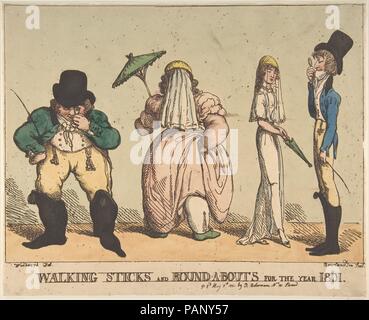 Les bâtons de marche et Round-A-combats pour l'année 1801. Artiste : Thomas ROWLANDSON (britannique, Londres 1757-1827 Londres) ; d'après George Moutard Woodward (British, ca. 1760-1809 Londres). Fiche Technique : Dimensions : 11 x 13 7/8 à 5/16. (28,7 × 35,3 cm). Editeur : Rudolph Ackermann, Londres (actif 1794-1829). Date : 8 mai 1801. Types physiques contrastées sont utilisées ici pour la satire de mode été 1801. Les deux femmes montrer robes de mousseline révélant avec une haute taille et manches courtes, un style d'inspiration classique introduit à partir de la France, qui a révélé que chaque défaite de la figure. Coiffes se composent de simp Banque D'Images