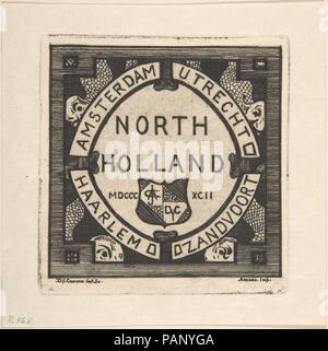 Couverture du catalogue de l'exposition de l'Annan North Holland. Artiste : Sir David Young Cameron (britannique, Glasgow, Écosse 1865-1945 Perth, Ecosse). Dimensions : Plaque : 4 1/16 x 3 7/8 in. (10,3 x 9,9 cm) Feuille : 5 x 4 13/16 in. (12,7 x 12,3 cm). Imprimante : T. et R. Annan. Portefeuille/Série : North Holland. Date : 1892. Une couverture de catalogue pour une exposition à Glasgow à MM. T. et R. Annan & Fils de D.Y. Cameron, série de gravures de la Hollande du Nord. L'ensemble de la Hollande du Nord est composé de vingt-deux sujets gravés et imprimés par D.Y. Cameron. Il y avait 10 ensembles complets et quelques salles Banque D'Images