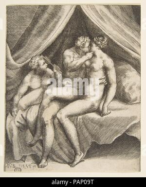 Vénus et Mars, à partir de 'Les amours des dieux". Artiste : Giulio Bonasone (Italien, actif à Rome et Bologne, 1531-après 1576). Fiche technique : Dimensions : 5 3/8 x 4 5/16 in. (13,5 x 11,1 cm). Series/portefeuille : les amours des dieux (Amorosi diletti degli Dei). Date : 1531-60. Musée : Metropolitan Museum of Art, New York, USA. Banque D'Images