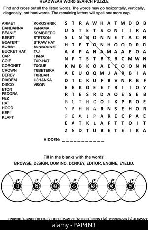 Puzzle page avec deux jeux de mots (en anglais). Headwear. La connaissance commune remplir les roues s'entrecroisent. Réponse inclus. Illustration de Vecteur
