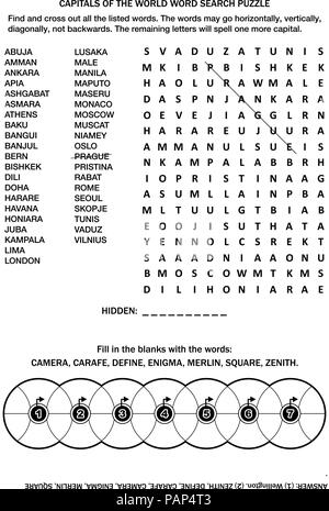 Puzzle page avec deux jeux de mots (en anglais). Capitales du monde. La connaissance commune remplir les roues. Réponse inclus. Illustration de Vecteur