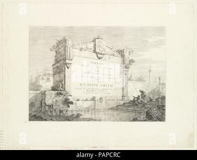 Page de titre avec un grand mur d'une ruine classique, avec une figure assis à droite en pointant sur le dévouement, de 'Vues' (Vedute altre prese da i luoghi altre ideate da Antonio Canal). Artiste : Canaletto (Giovanni Antonio Canal), Italien (1697-1768) Venise Venise. Dédicataire : Joseph Smith (British, ca. 1674-1770). Dimensions : Plateau : 11 × 16 13/16 15/16 in. (30 × 43 cm) feuille : 17 × 9/16 23 7/16 po. (44,6 × 59,6 cm). Series/portefeuille : 'Vues' (Vedute altre prese da i luoghi altre ideate da Antonio Canal). Date : 1735-46. Musée : Metropolitan Museum of Art, New York, USA. Banque D'Images