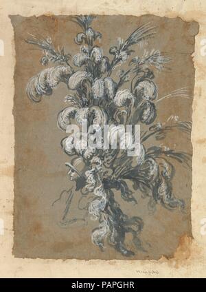 Conception pour une coiffure de somptueux avec des plumes sur un casque. Artiste : Peut-être par Baccio del Bianco (Italien, Florence 1604-1656 Escorial) (et atelier). Fiche Technique : Dimensions : 10 5/8 x 7 2/13 in. (27 x 19,5 cm). Date : ca. 1620-56. Conception pour un couvre-chef, illustré par le côté (personne qui fait face à gauche). La coiffure est constituée de trois niveaux de très grandes plumes et surmontée de panaches. Musée : Metropolitan Museum of Art, New York, USA. Banque D'Images