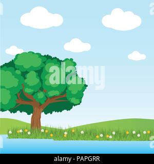 Verdure et d'arbres dans le domaine de la scène du lac sur fond de ciel bleu avec le cloud - Vector Illustration vecteur. Illustration de Vecteur