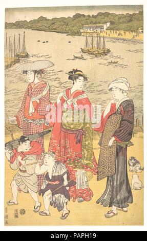 Les femmes à Takanawa Beach. Utagawa Toyokuni I Artiste : (japonais, 1769-1825). Culture : le Japon. Dimensions : 15 x 9 3/8 à 13/16. (40,2 x 23,8 cm). Date : ca. Années 1790. Kuniyoshi Utagawa Toyokuni, l'enseignant, a été le plus influent de l'artiste à l'école Utagawa. Toyokuni est grand, élégant femmes partagent les idéaux de beauté codifié à la fin du dix-huitième siècle par Utamaro et Kiyonobu. Dans cette fiche, le centre d'un triptyque, trois femmes et deux garçons sont à pied le long de la plage, une visite Takanawa endroit près de Shinagawa à Edo (Tokyo). Musée : Metropolitan Museum of Art, New York, USA. Banque D'Images