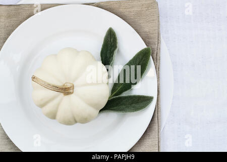 Thanksgiving Halloween ou endroit décoré avec un serviette et un seul mini citrouille blanche avec les oreilles d'agneau feuilles. Banque D'Images