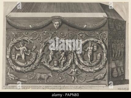 Speculum Romanae Magnificentiae : Sarcohpagus décoré d'arabesques. Artiste : Giovanni Ambrogio Brambilla (Italien, actif à Rome, 1575-99). Fiche technique : Dimensions : 7 1/16 x 15 15/16 in. (17,9 x 40,5 cm). Editeur : Antonio Lafreri (Français, Orgelet, Franche-Comté, ca. Rome 1512-1577) ; Claudio Duchetti (Italien, Venise et Rome, active ca. 1565 Mort de ca. 1585). Series/portefeuille : Speculum Romanae Magnificentiae. Date : 1582. Cette impression vient de la copie du musée du Speculum Romanae Magnificentiae (le miroir de la Magnificence romaine) Le Speculum a trouvé son origine dans le secteur de l'édition s'efforce d'Anton Banque D'Images