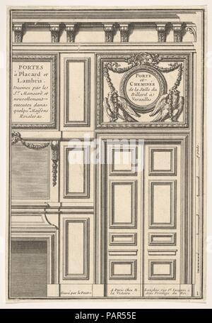 Porte et cheminée de la salle de billard à Versailles, je plaque de la série "portes des placards et Lambris', publié dans le cadre de "L'architecture à la mode'. Artiste : Après Jules Hardouin Mansart (français, Paris 1646-1708 Marly). Dimensions : image : 7 11/16 x 5 1/4 in. (19,5 x 13,3 cm). Graveur : Jean Le Pautre (français, Paris 1618-1682 Paris). Editeur : Nicolas Langlois (français, Paris 1640-1703). Date : le 17e siècle. Musée : Metropolitan Museum of Art, New York, USA. Banque D'Images