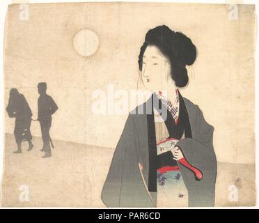 Jeune femme regarde la silhouette d'un homme prisonnier d'être entraînés. Artiste : Tomioka Eisen (japonais, 1864-1905). Culture : le Japon. Dimensions : 8 1/2 x 10 3/8 in. (21,6 x 26,4 cm). Date : début du xxe siècle. Eisen's print affiche le sentiment mélodramatique plutôt comme une illustration pour un roman est typique de la fin d'impression de Meiji. Une femme regarde la silhouette de son amant d'être emmené par la police l'homme. Les silhouettes des motifs d'arrière-plan sans suggérer un lieu inaccessible de la femme dans la réalité. Musée : Metropolitan Museum of Art, New York, USA. Banque D'Images