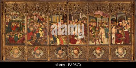 Retable (retable) avec des scènes de la Passion. Artiste : attribuée au capitaine Morata (Espagnol, Aragon, actif 1470-1505). Culture : l'espagnol. Dimensions : hors tout : 56 x 120 3/4 x 3 in., 178lb. (142,2 x 306,7 x 7,6 cm, 80740.3g). Date : seconde moitié du 15ème siècle. Formant la partie gauche d'un grand autel fixe des scènes représentant les événements précédant la crucifixion de Jésus. De gauche à droite : l'agonie dans le jardin, la trahison, le Christ devant Caïphe, le Christ couronné d'épines, la Flagellation, et le Christ devant Pilate. Dans des médaillons sont des têtes d'apôtres avec morte inscrit Banque D'Images