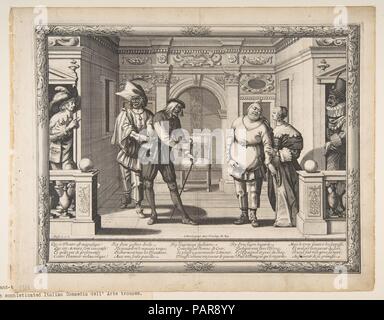 Les acteurs à l'Hôtel de Bourgogne. Artiste : Abraham Bosse (Français, Tours 1602/1604-1676 Paris). Fiche Technique : Dimensions : 11 × 14 9/16 3/4 in. (29,4 × 37,4 cm) Plaque : 10 1/4 x 13 1/4 in. (26 x 33,7 cm). Editeur : Jean Leblond (Français, ca. 1590-1666 Paris). Date : ca. 1633-34. Cette page imprimer montre six acteurs d'une troupe de comédiens dirigée par Robert Guérin apparaissent sur la scène du théâtre de l'Hôtel de Bourgogne à Paris. La pièce représentée est inconnue, mais les personnages peuvent être identifiés comme Turlupine (un service voiturier joué par Henri Legrand), un vieil homme (joué par Gaultier-Garguille) et Gros Guillaume Banque D'Images