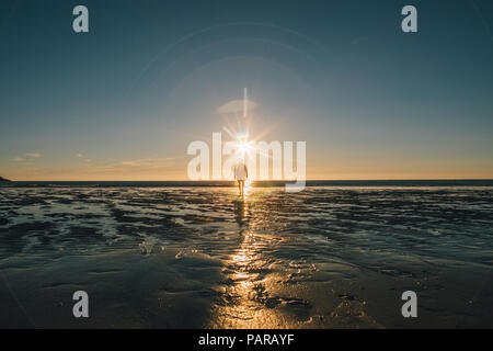 La Norvège, les îles Lofoten, Moskenesoy, homme qui marche dans le coucher du soleil à Kvalvika Beach Banque D'Images