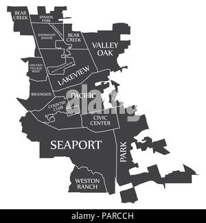 Plan de la ville de Stockton en Californie USA étiqueté illustration noir Illustration de Vecteur