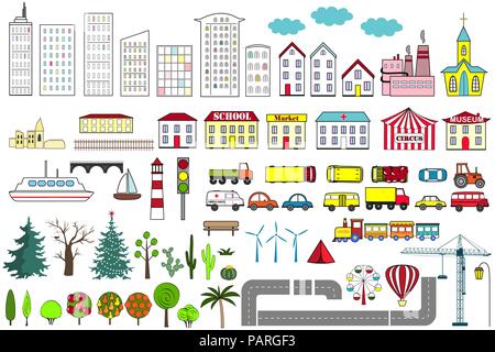 Ensemble d'éléments de dessin animé plan de ville. Vector illustration. Les immeubles, les voitures, route, arbres, et autres objets de la ville Illustration de Vecteur