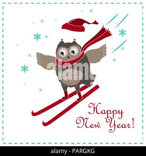 Drôle et mignon ski Owl. Nouvel An et carte de Noël. Vector illustration Illustration de Vecteur
