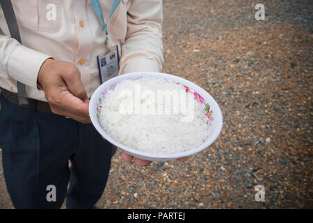 Homme montrant une assiette de sel brut extrait de les champs de sel de Kampot, Cambodge Banque D'Images