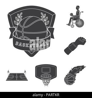 Le basket-ball et les attributs des icônes noires dans set collection pour design.joueur de basket-ball et un vecteur d'équipement stock symbol illustration. Illustration de Vecteur