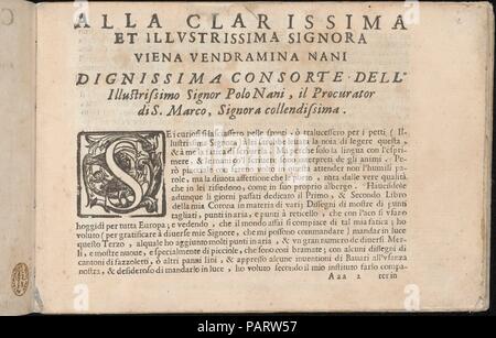 Corona delle Nobile et Virtuose Donne, Libro Terzo, page 2 (recto). Designer : Cesare Vecellio (Italien, Pieve di Cadore Venise Venise , 1521-1601). Dimensions : hors tout : 5 1/2 x 7 2/13 in. (14 x 19,5 cm). Editeur : Alessandro de' Vecchi (Italien, Venise, actif 1570-1629) , Venise. Date : 1620. Conçu par Cesare Vecellio, Italien, Pieve di Cadore 1521-1601 Venise, Venise, publié par Alessandro de' Vecchi, Italien, actif du 17e siècle, Venise. Dévouement page imprimée en noir avec 17'S' initial illustré. Musée : Metropolitan Museum of Art, New York, USA. Banque D'Images