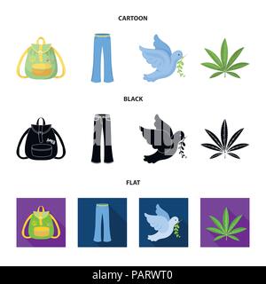 Une feuille de cannabis, une colombe, un jean, un sac à dos.collection set Hippy en icônes cartoon,Black,télévision stock vector illustration style de symbole. Illustration de Vecteur