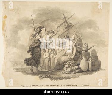 La sagesse et la vérité conduisant l'enfant Arts pour l'Amérique. Artiste : John James Barralet (irlandais, Dublin ca. 1747-1815 Philadelphie (Pennsylvanie). Fiche technique : Dimensions : 7 x 9 9/16 7/16 in. (19,2 x 24 cm). Date : après 1796. Cette conception pour une impression emblématique a une section insérée au centre, démontrant que l'image retravaillée Barralet. Figures allégoriques qui symbolisent la Sagesse (armored avec casque et lance), et de la vérité (un ange avec des flammes sur son front), introduire des putti portant un pinceau et palette, la conception architecturale, et la sculpture, à l'Amérique (une femme tenant un bonnet de la liberté. Ce dernier est Banque D'Images