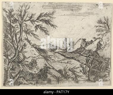 Un paysage avec de l'eau au premier plan et les montagnes au loin. Artiste : attribué à Salvator Rosa (italien, l'Arenella (Naples) 1615-1673 Rome). Fiche Technique : Dimensions : 3 × 4 9/16 9/16 in. (9,1 × 11,6 cm). Date : le 17e siècle. Musée : Metropolitan Museum of Art, New York, USA. Banque D'Images